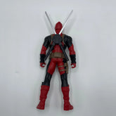 Action figure in red and black costume with a sword on a white background